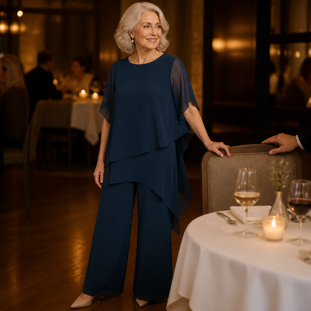 VeloraFit™ – Elegant Asymmetric Chiffon Two-Piece Pant Set