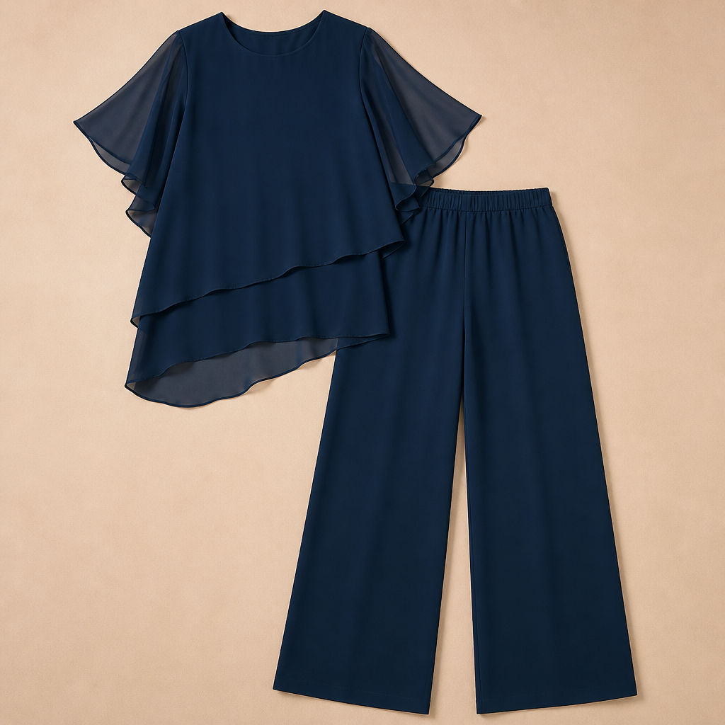VeloraFit™ – Elegant Asymmetric Chiffon Two-Piece Pant Set