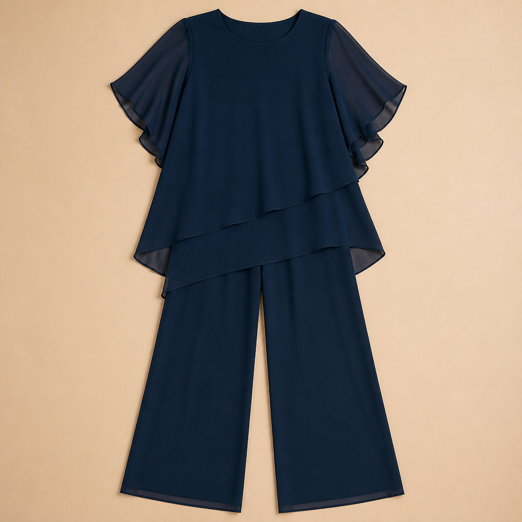 VeloraFit™ – Elegant Asymmetric Chiffon Two-Piece Pant Set