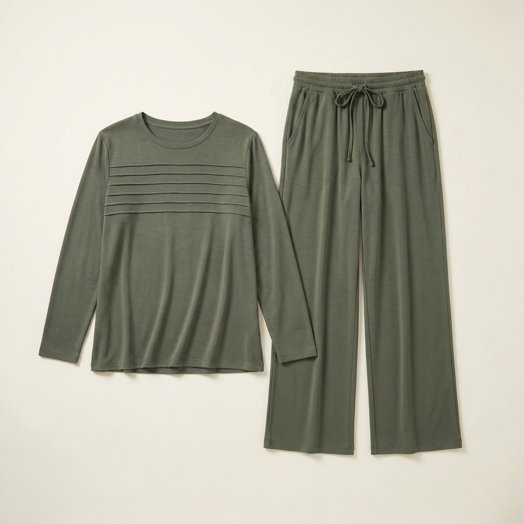 OptimaWear™ – Soft Knit Pleated-Yoke Two-Piece Lounge Set