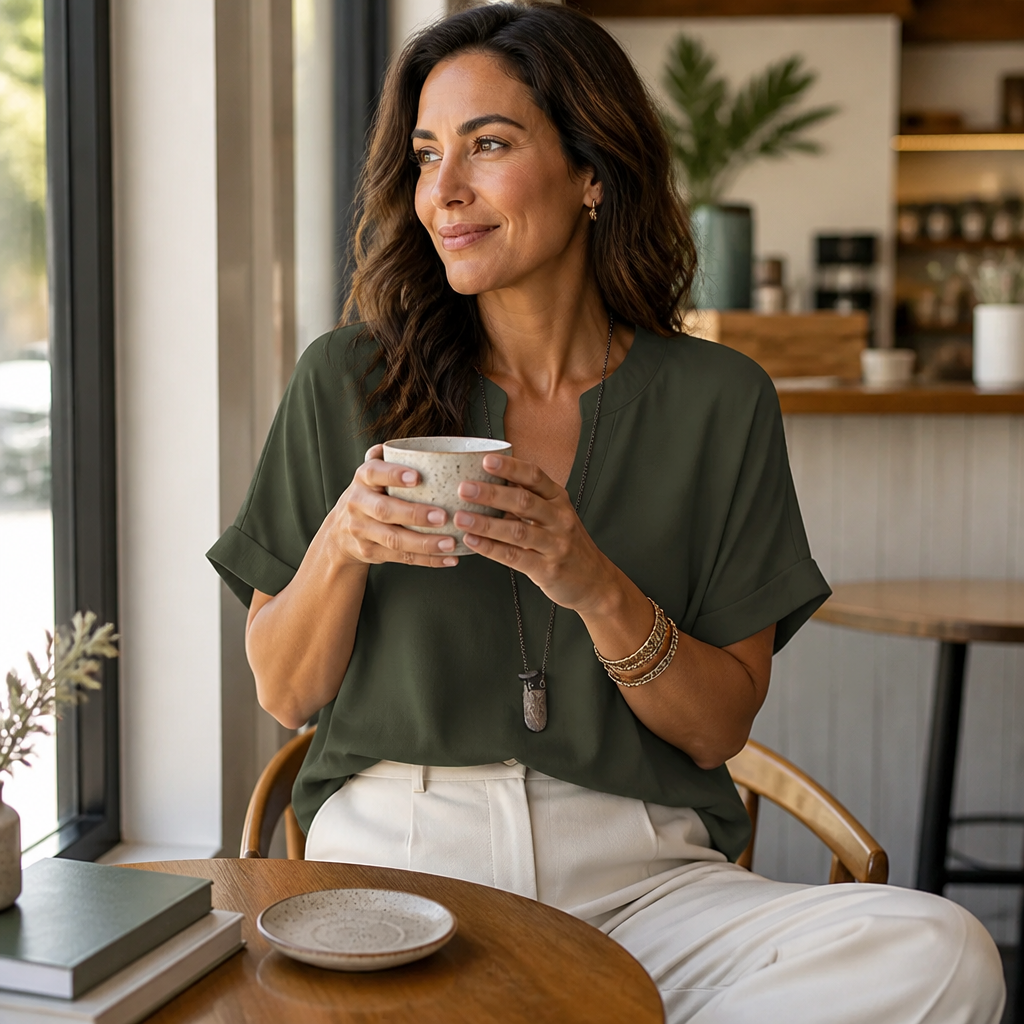 Silkora™ – Relaxed V-Neck Blouse with Curved Hem
