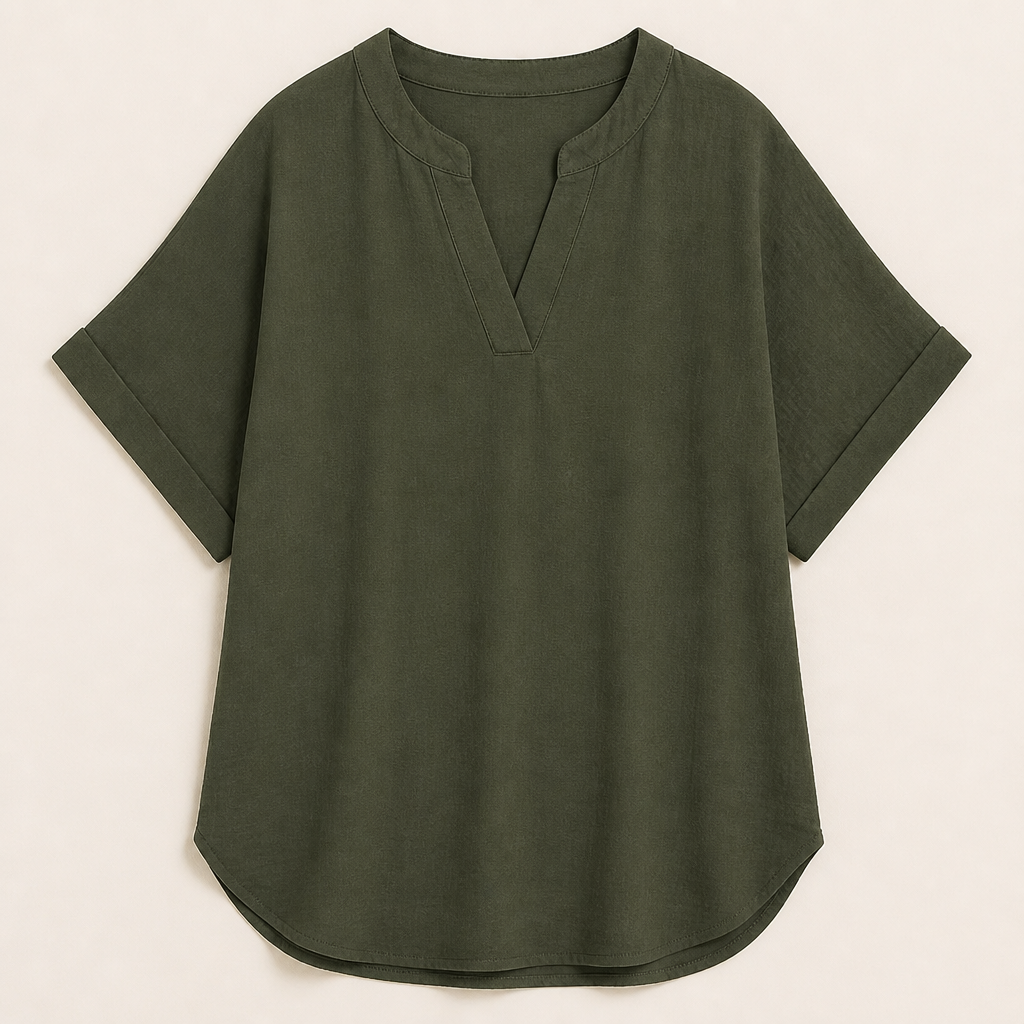 Silkora™ – Relaxed V-Neck Blouse with Curved Hem