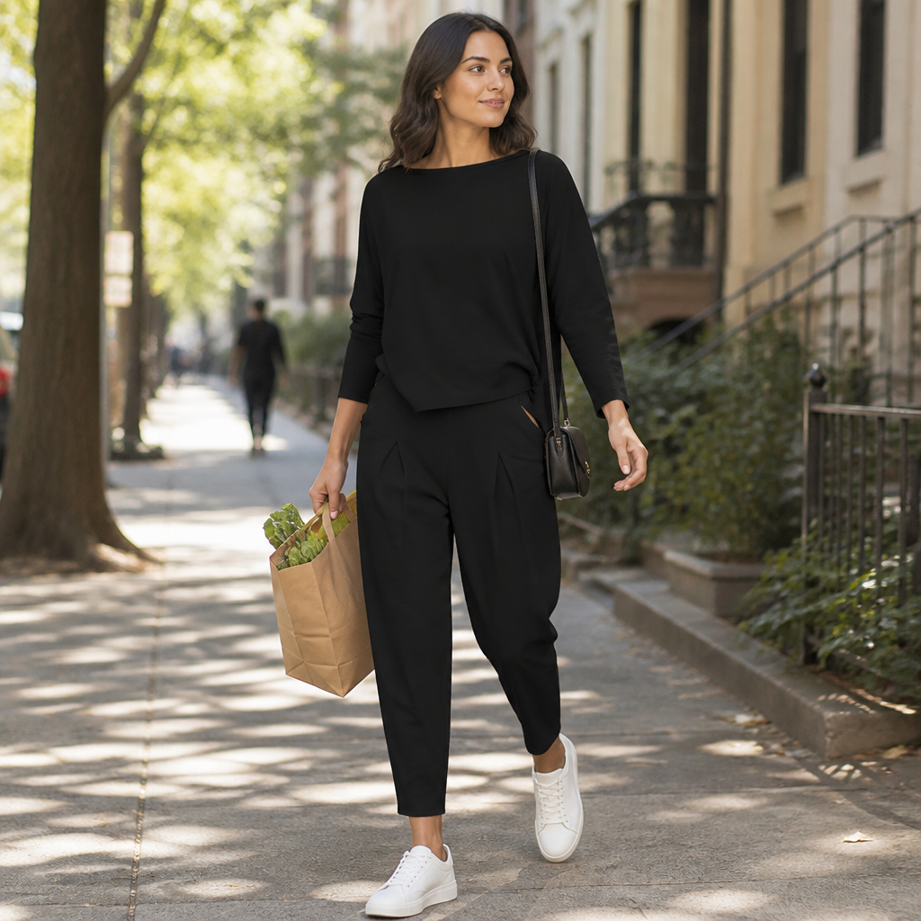 Mirelle™ – Relaxed Boat-Neck Two-Piece Set with Tapered Pleated Pants