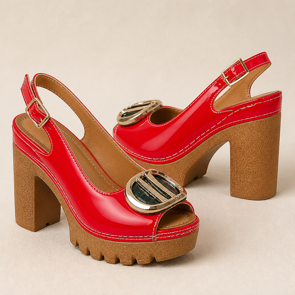 VivantaStrut™ – Bold Chunky Platform Slingback Heels with Gold Buckle