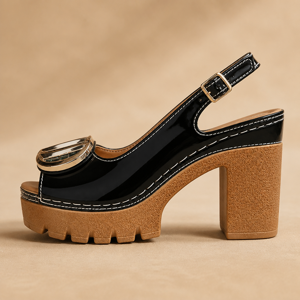 VivantaStrut™ – Bold Chunky Platform Slingback Heels with Gold Buckle
