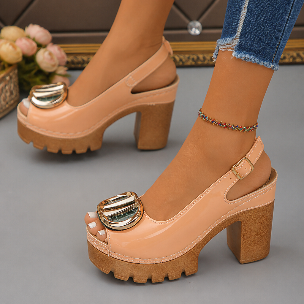 VivantaStrut™ – Bold Chunky Platform Slingback Heels with Gold Buckle