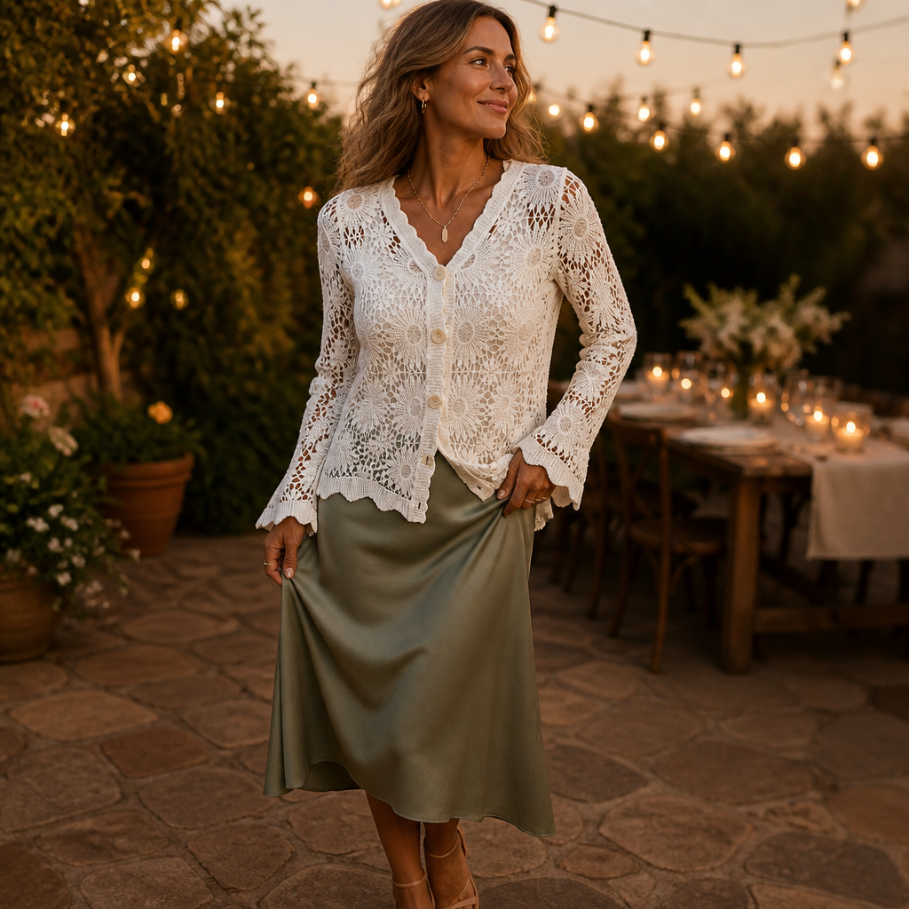 DeloraLace™ – Romantic Crochet Lace Button-Front Top with Scalloped Hem