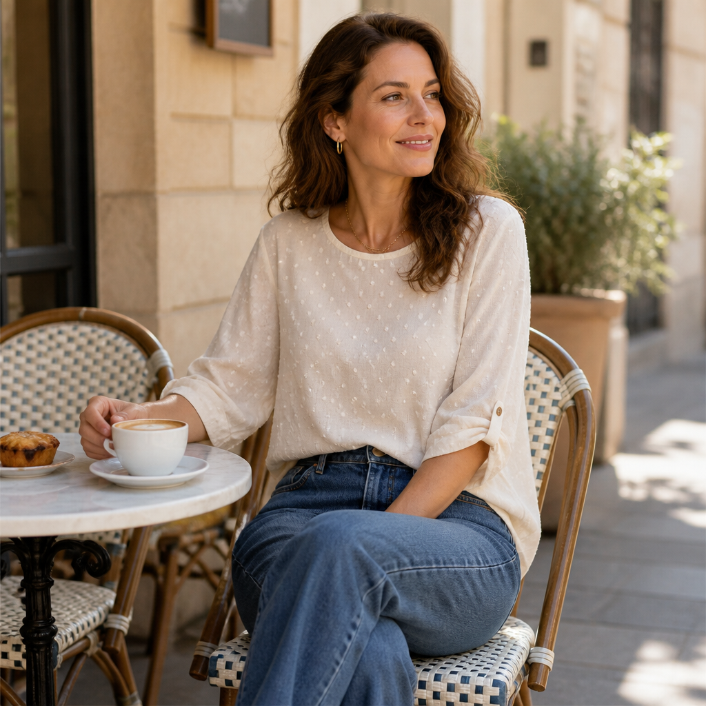 SilkoraWave™ – Relaxed Swiss-Dot Top with Buttoned Sleeve Tabs