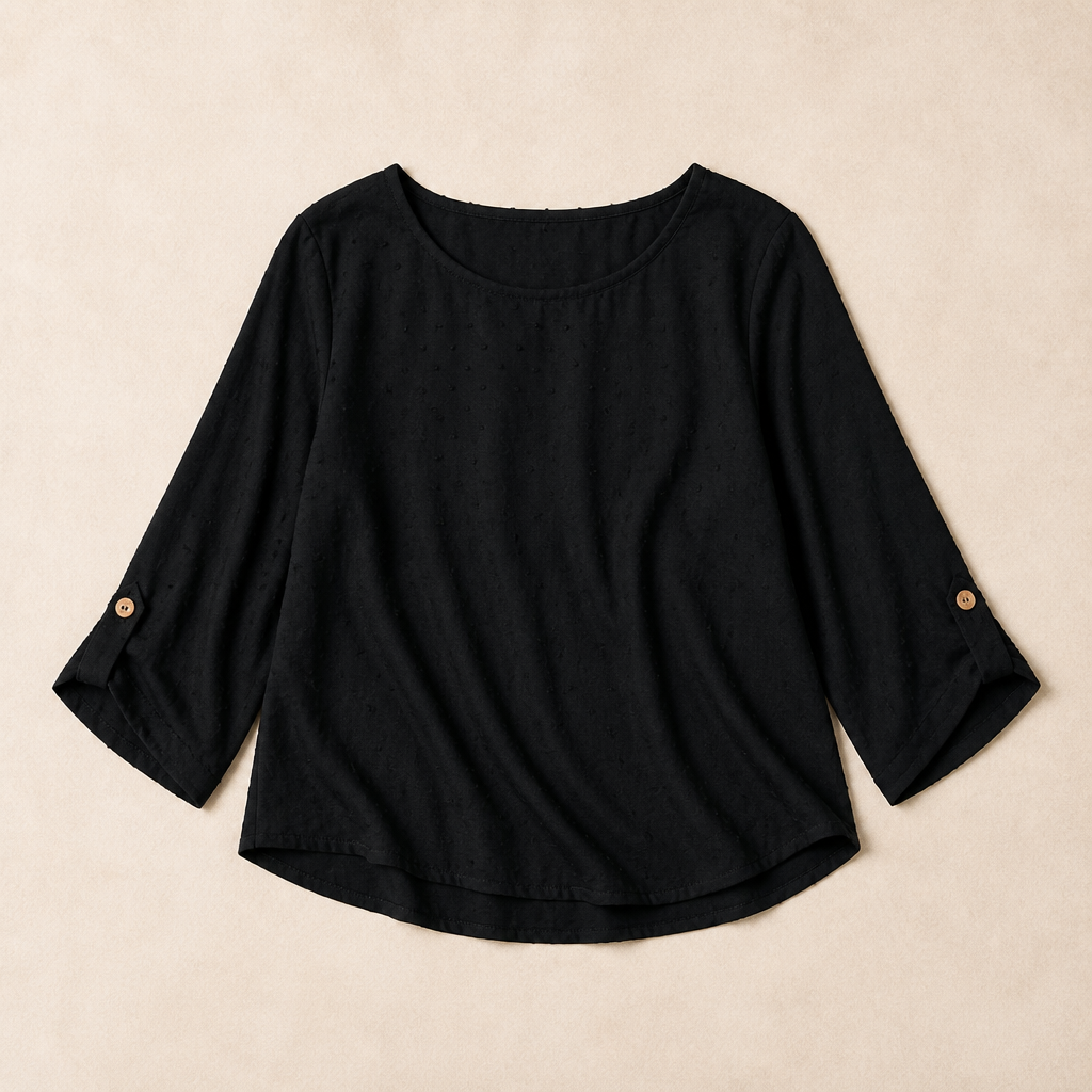 SilkoraWave™ – Relaxed Swiss-Dot Top with Buttoned Sleeve Tabs