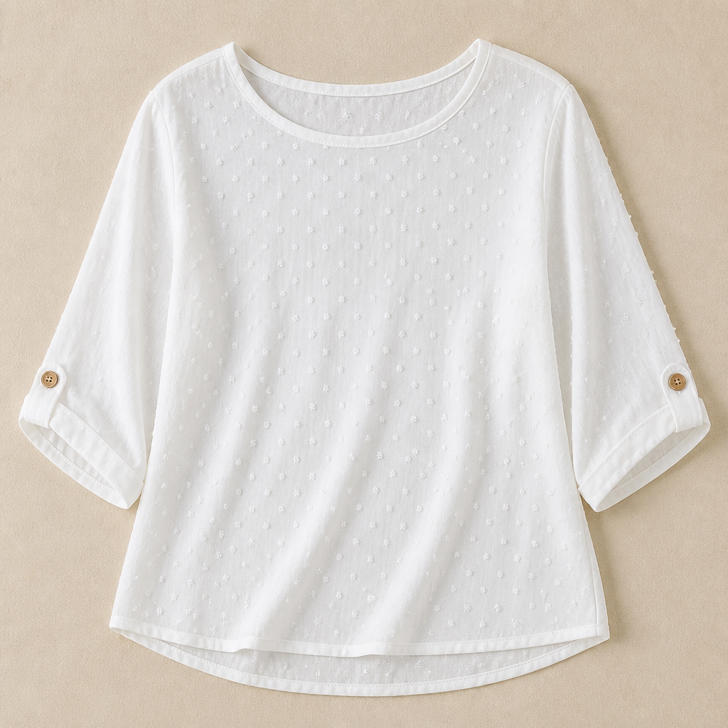 SilkoraWave™ – Relaxed Swiss-Dot Top with Buttoned Sleeve Tabs