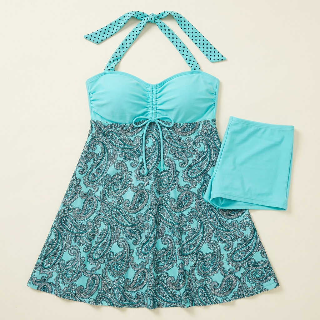 StreamlineSculpt™ – Halter Tankini Swim Dress with Built-In Boyshort Coverage