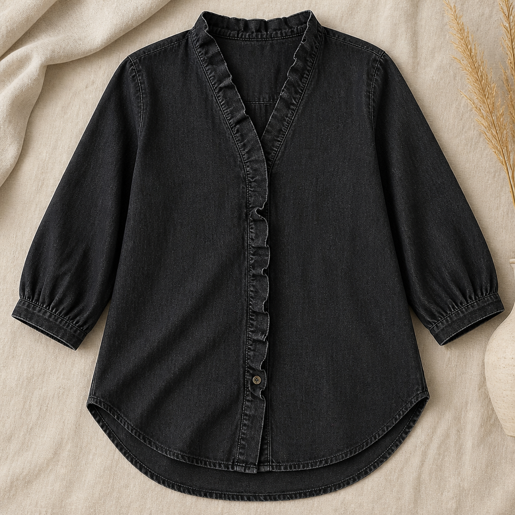 VelaFemme™ – Relaxed Ruffle-Front Denim Blouse with High-Low Hem