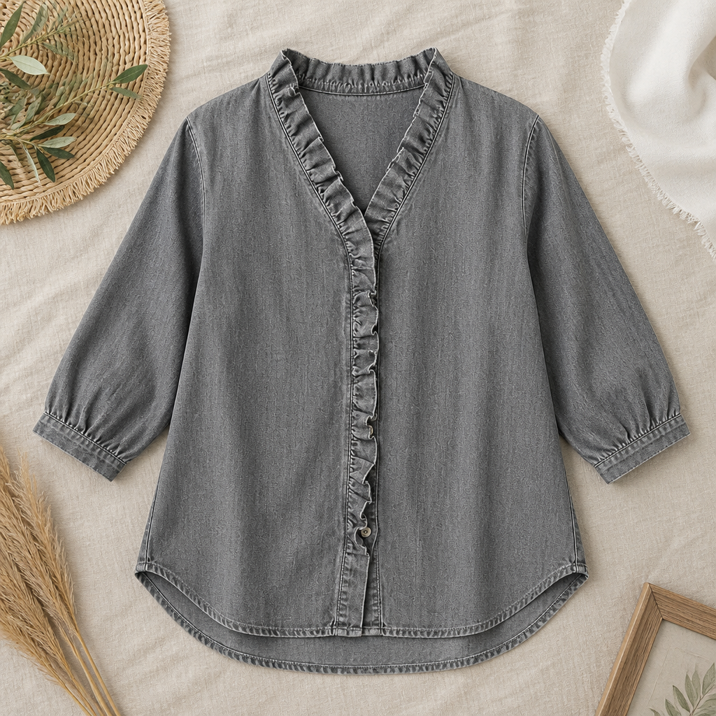VelaFemme™ – Relaxed Ruffle-Front Denim Blouse with High-Low Hem