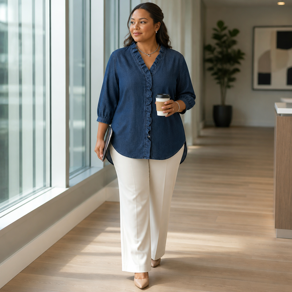 VelaFemme™ – Relaxed Ruffle-Front Denim Blouse with High-Low Hem
