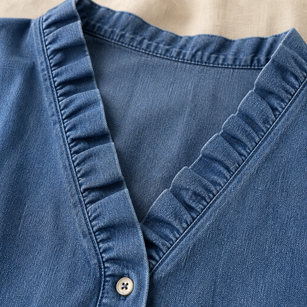 VelaFemme™ – Relaxed Ruffle-Front Denim Blouse with High-Low Hem