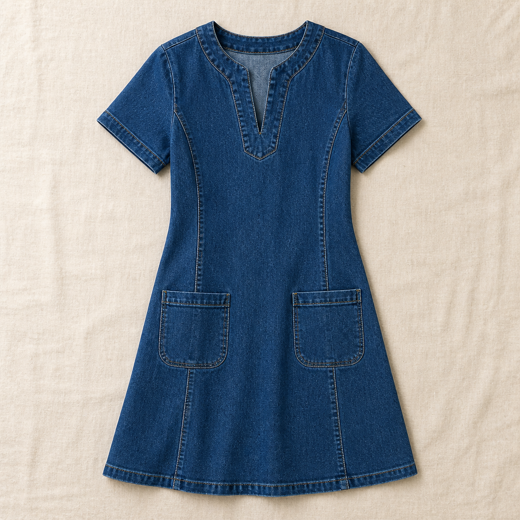VelouraDenim™ – Relaxed V-Neck Denim Dress with Deep Front Pockets