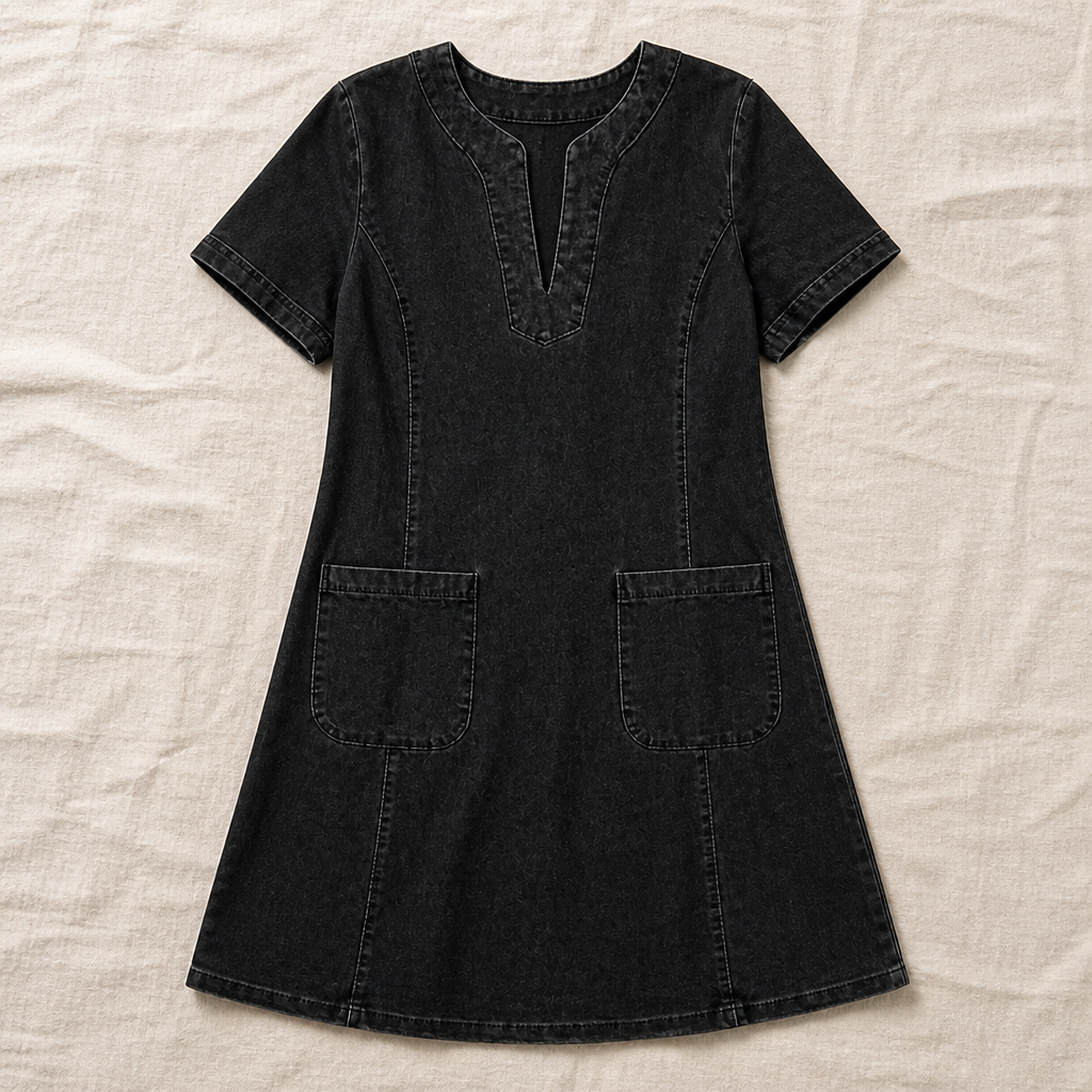 VelouraDenim™ – Relaxed V-Neck Denim Dress with Deep Front Pockets
