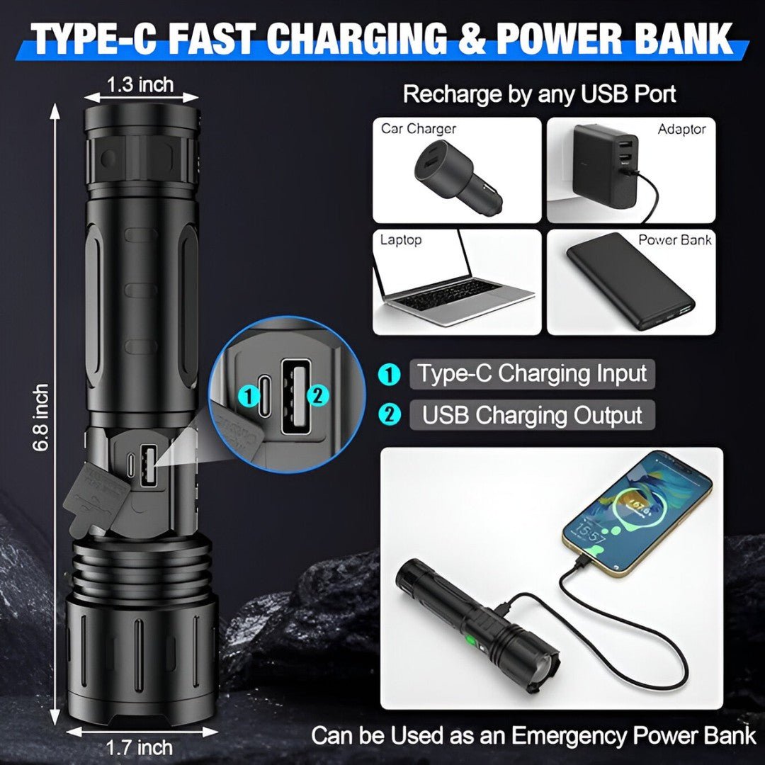 Rechargeable LED Flashlight with Power Bank Functionality