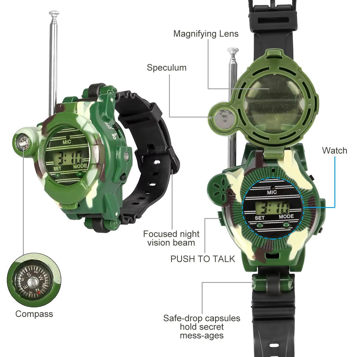 7-in-1 Survival Watch with Walkie Talkie for Kids - Camouflage Design