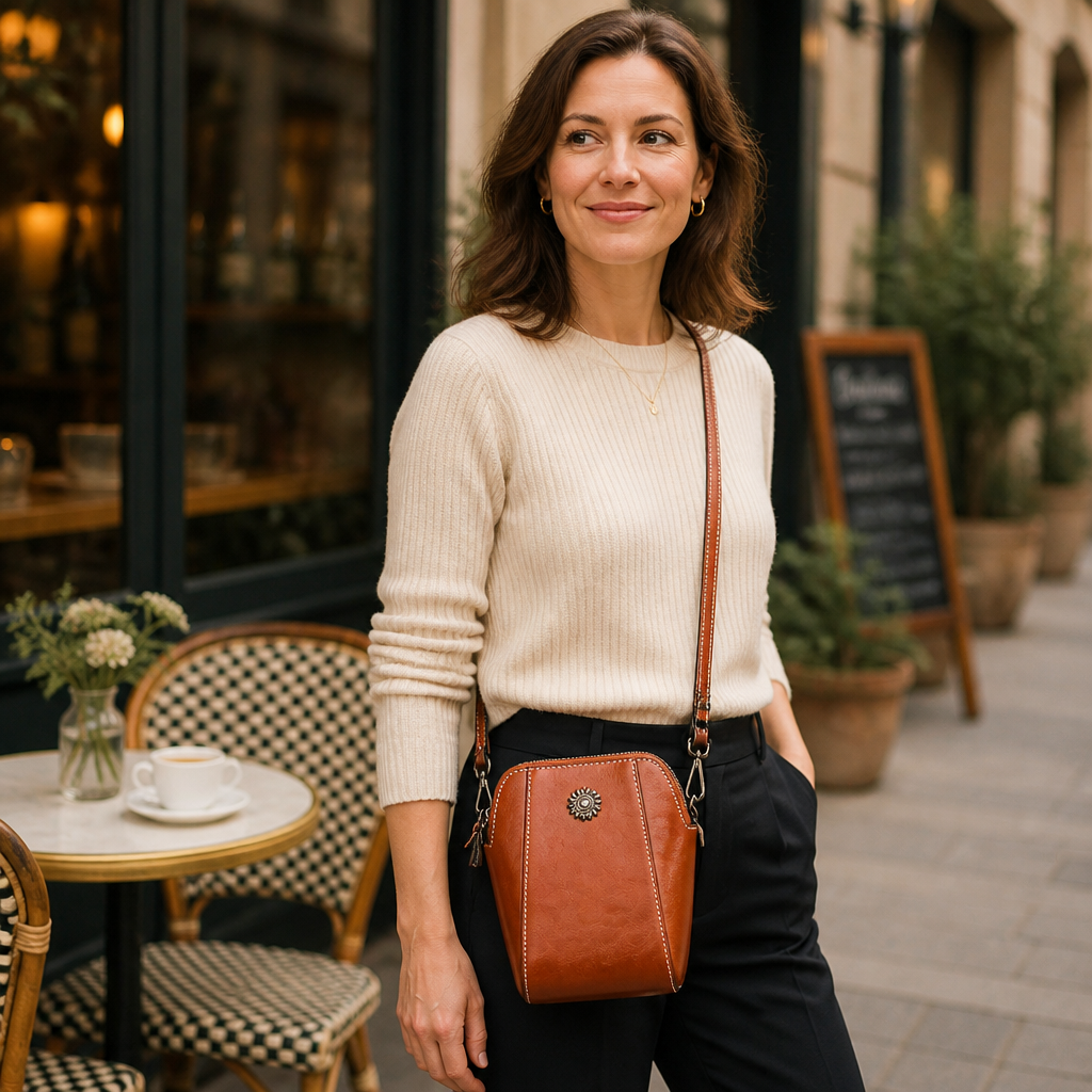 Marcella™ – Vintage Oil-Leather Compact Crossbody with Sunflower Medallion