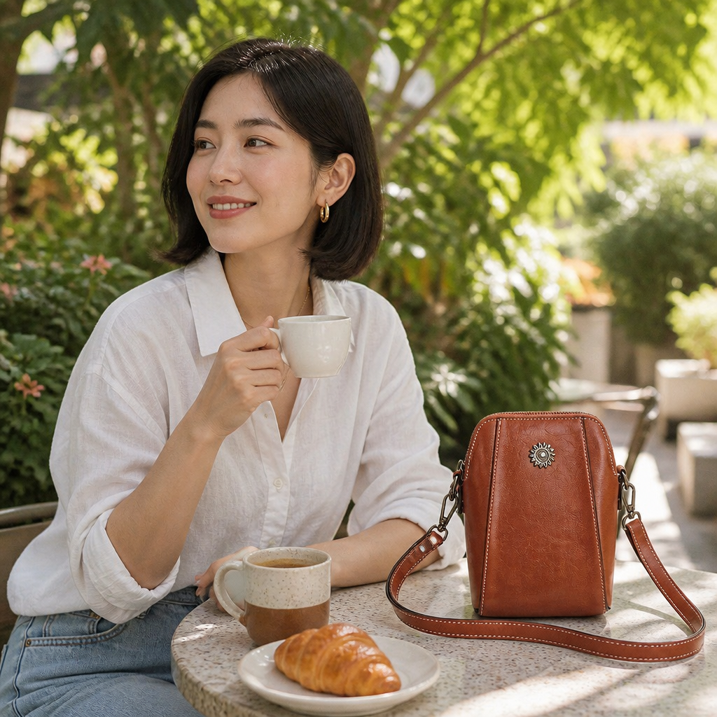 Marcella™ – Vintage Oil-Leather Compact Crossbody with Sunflower Medallion