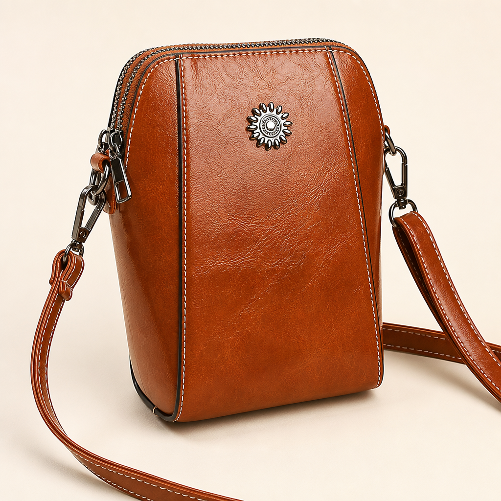 Marcella™ – Vintage Oil-Leather Compact Crossbody with Sunflower Medallion