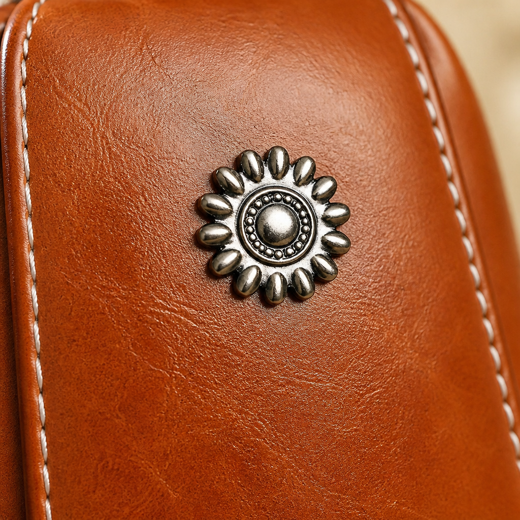 Marcella™ – Vintage Oil-Leather Compact Crossbody with Sunflower Medallion