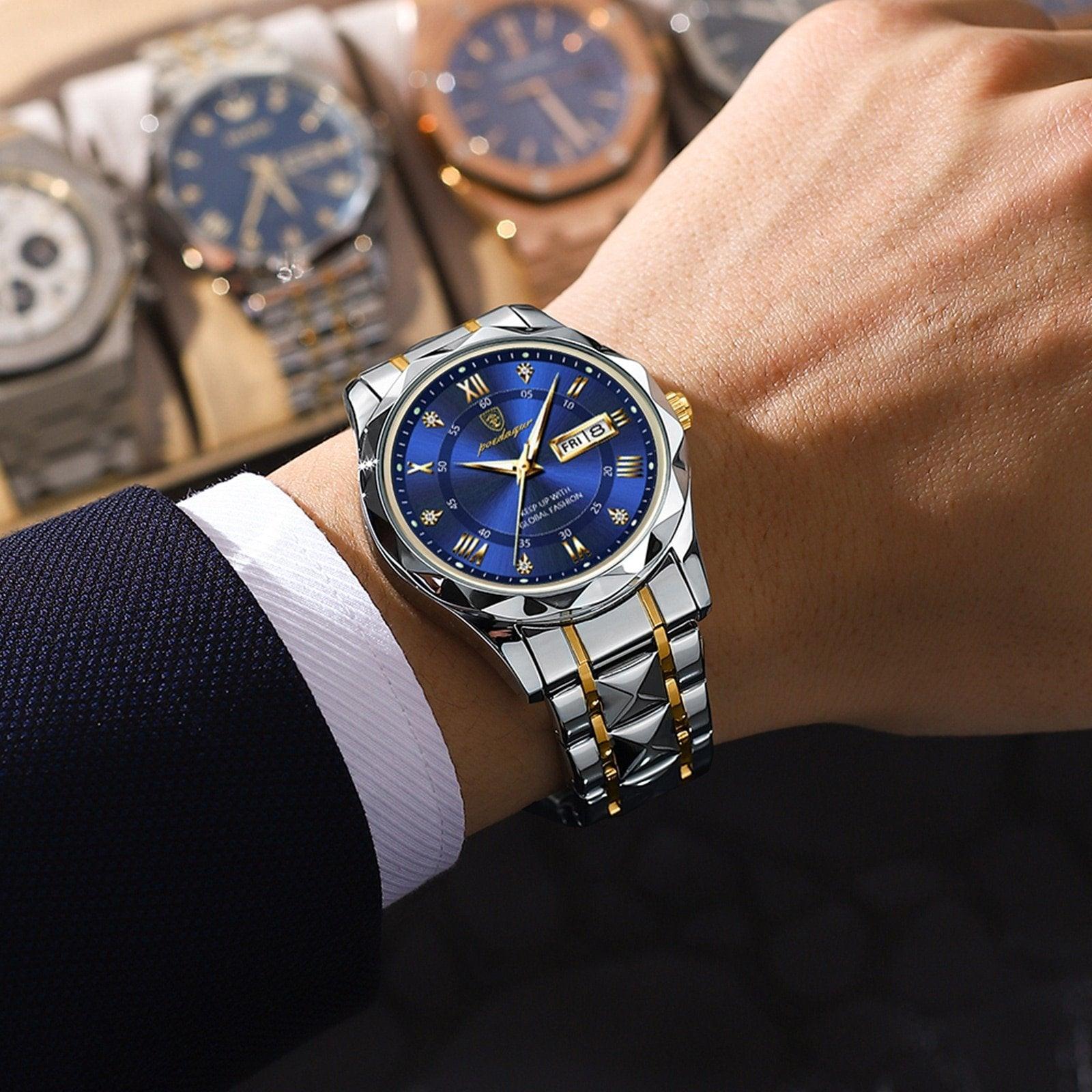 Stylish Steel Timepiece Featuring Blue Face and Roman Digits