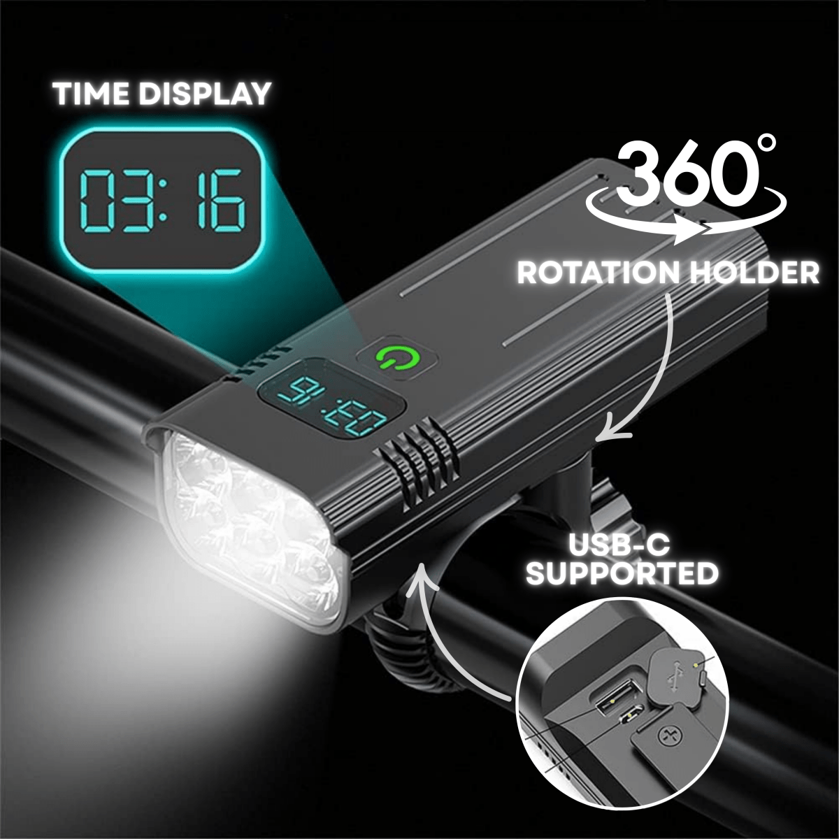 5000 Lumen Bicycle Light with 12 LEDs and USB-C Rechargeable Battery