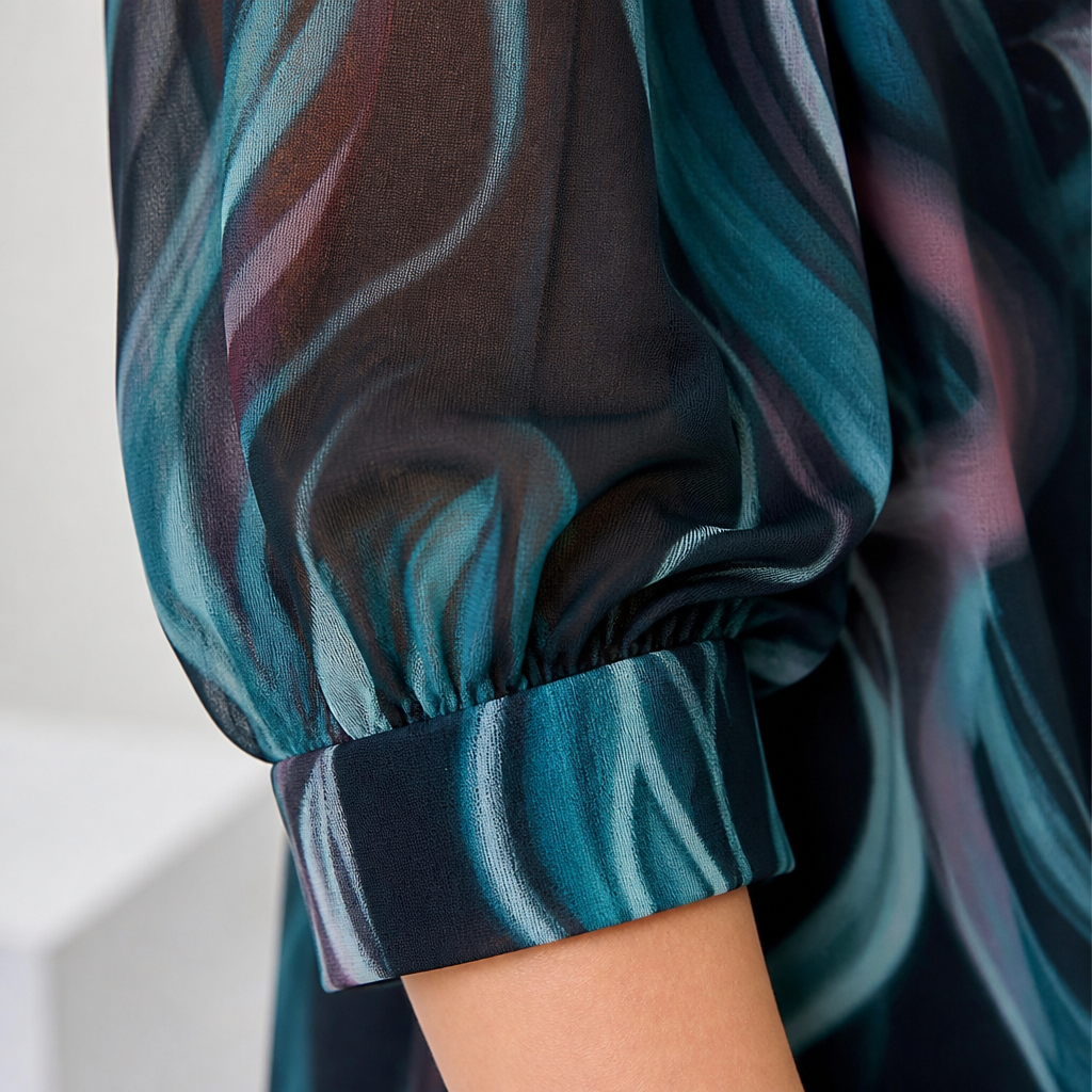 BreeziLuxe™ – Flowy Abstract Print Dress with Lantern Sleeves