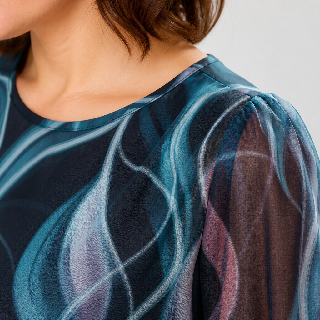 BreeziLuxe™ – Flowy Abstract Print Dress with Lantern Sleeves
