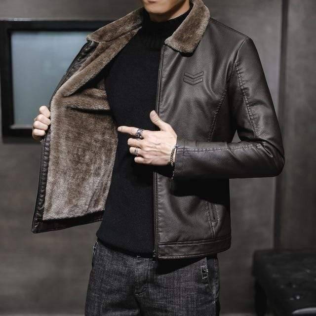 Winter Jacket for Men in Faux Leather with Thick Fur Insulation