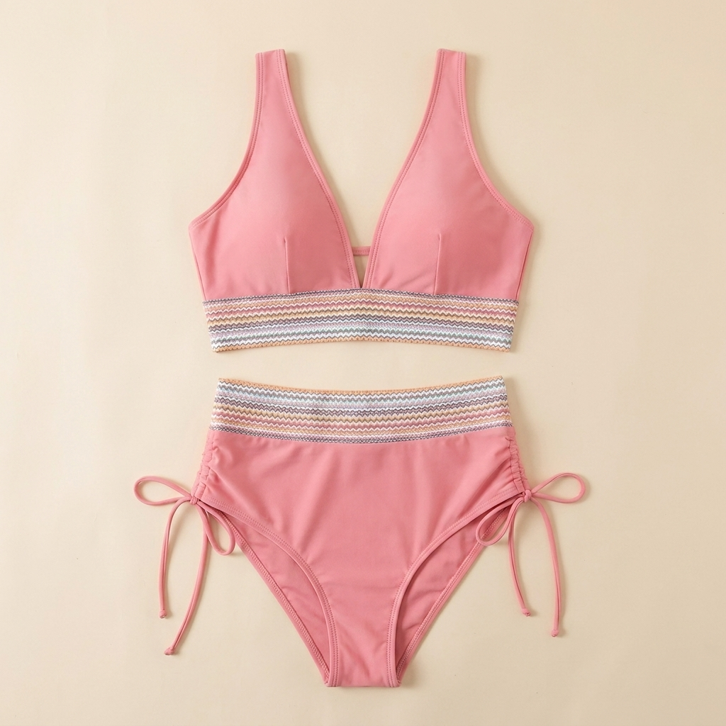 Solara™ – High-Waist Tummy-Control Halter Bikini with Sculpting Zigzag Waist