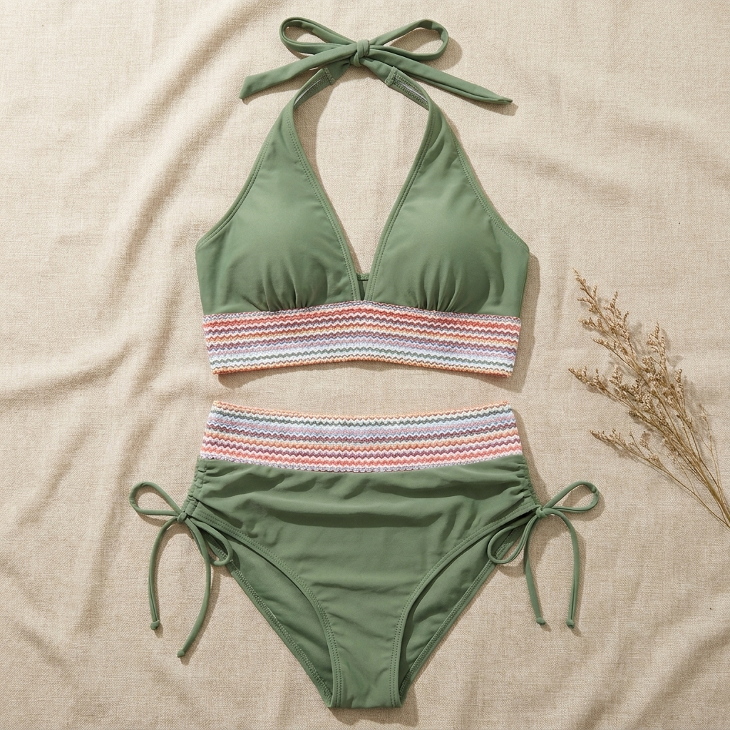 Solara™ – High-Waist Tummy-Control Halter Bikini with Sculpting Zigzag Waist