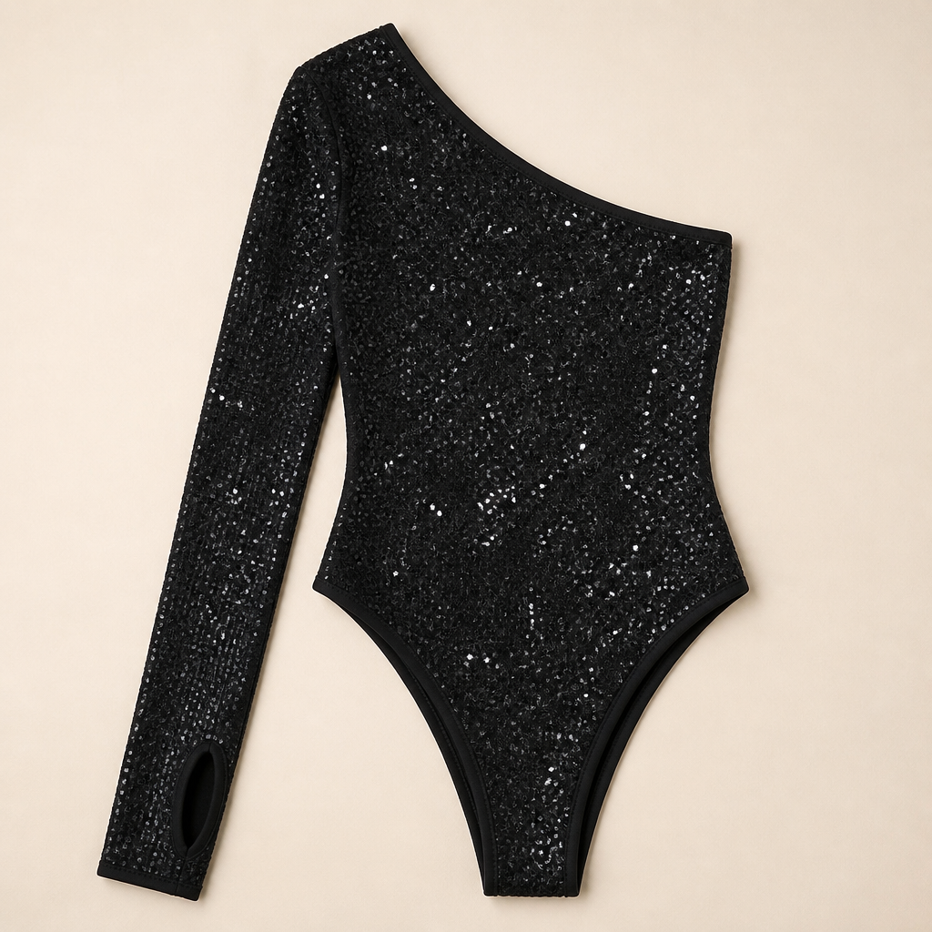 Stellara™ – Shimmering One-Shoulder Bodycon Bodysuit with Thumbhole Cuff