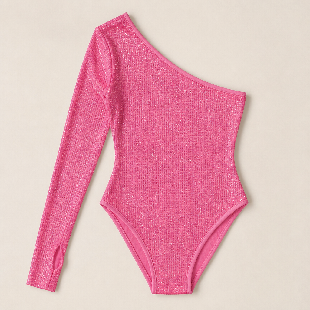 Stellara™ – Shimmering One-Shoulder Bodycon Bodysuit with Thumbhole Cuff