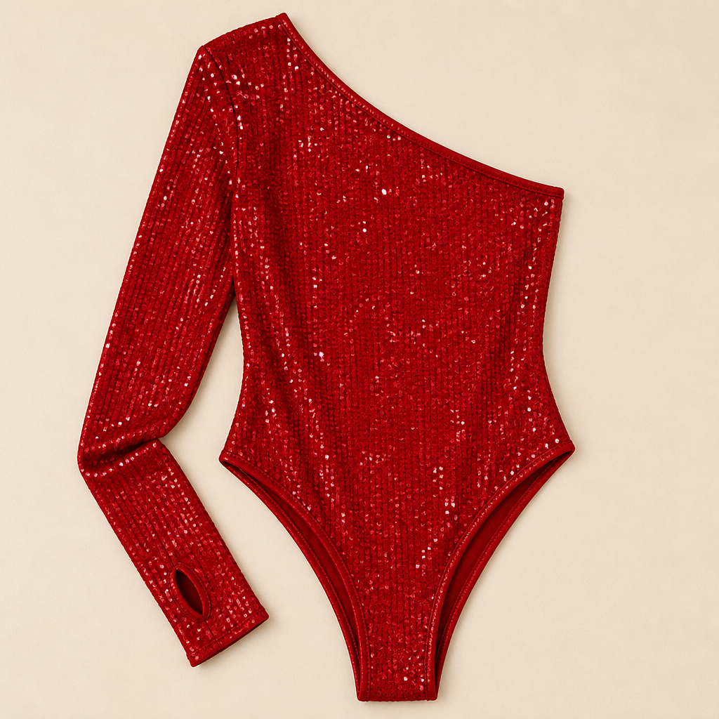 Stellara™ – Shimmering One-Shoulder Bodycon Bodysuit with Thumbhole Cuff