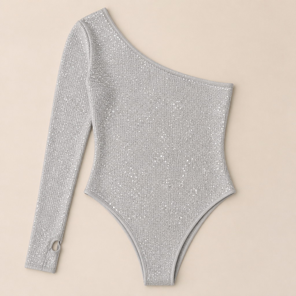 Stellara™ – Shimmering One-Shoulder Bodycon Bodysuit with Thumbhole Cuff
