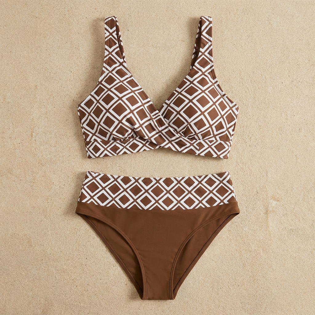 Marisol™ – High-Waisted Geometric Bikini Set with Wrap Crossover Top