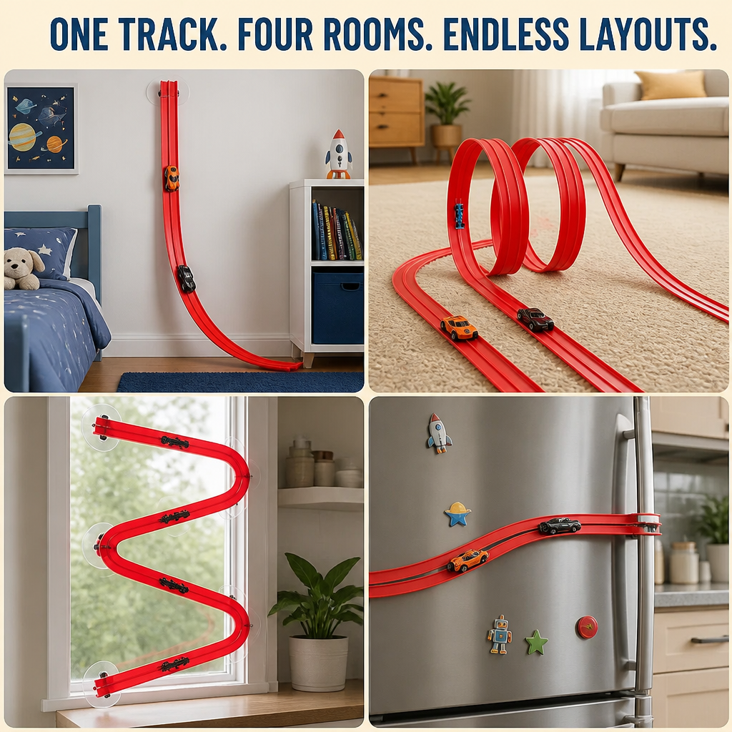 RapidRace™ — Snap a Race Track Onto Any Wall, Window, or Fridge