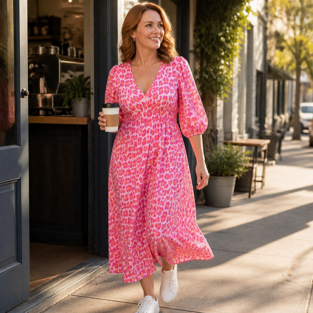 VeraLuxe™ – Flowy V-Neck Animal Print Midi Dress with Puff Sleeves