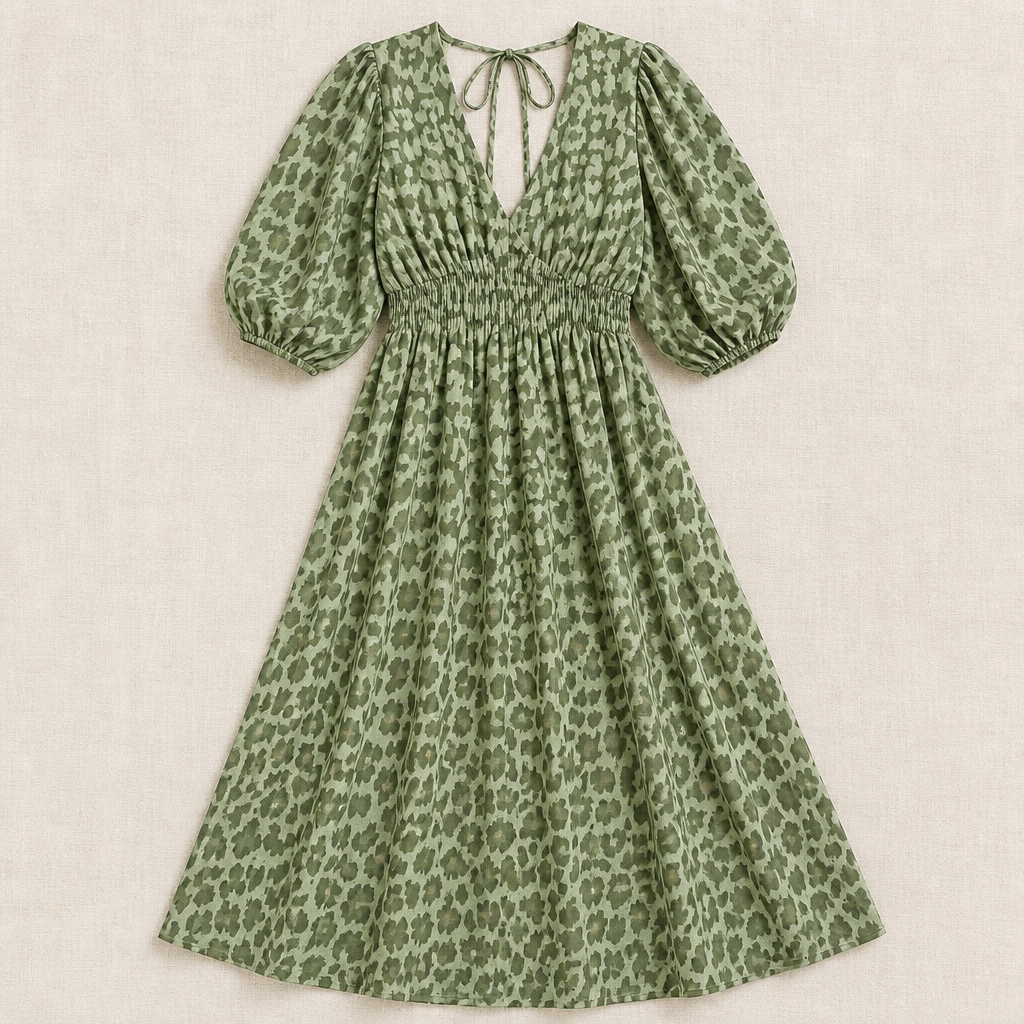 VeraLuxe™ – Flowy V-Neck Animal Print Midi Dress with Puff Sleeves