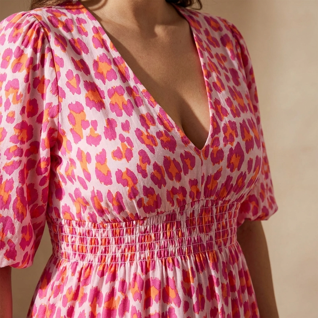 VeraLuxe™ – Flowy V-Neck Animal Print Midi Dress with Puff Sleeves