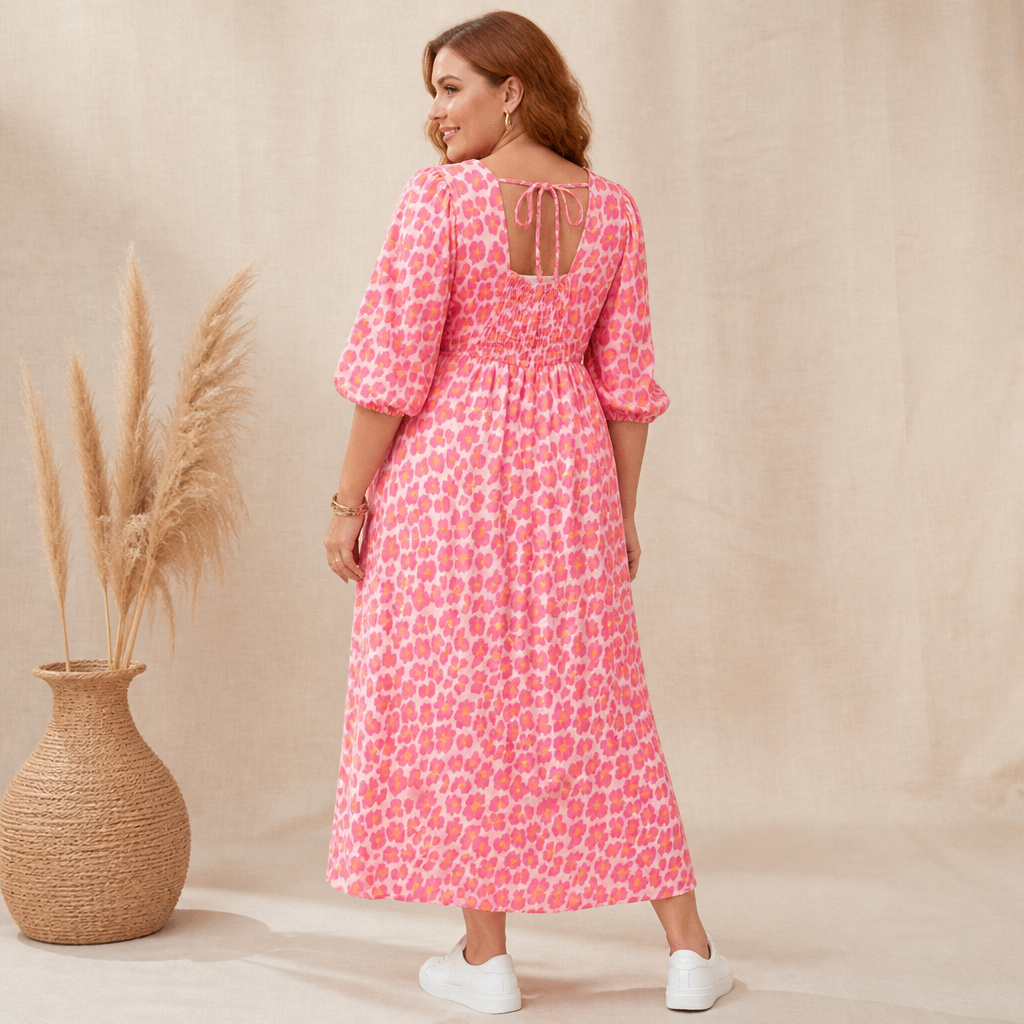 VeraLuxe™ – Flowy V-Neck Animal Print Midi Dress with Puff Sleeves