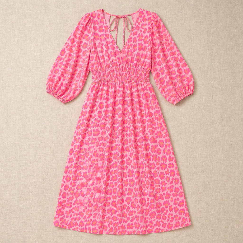 VeraLuxe™ – Flowy V-Neck Animal Print Midi Dress with Puff Sleeves