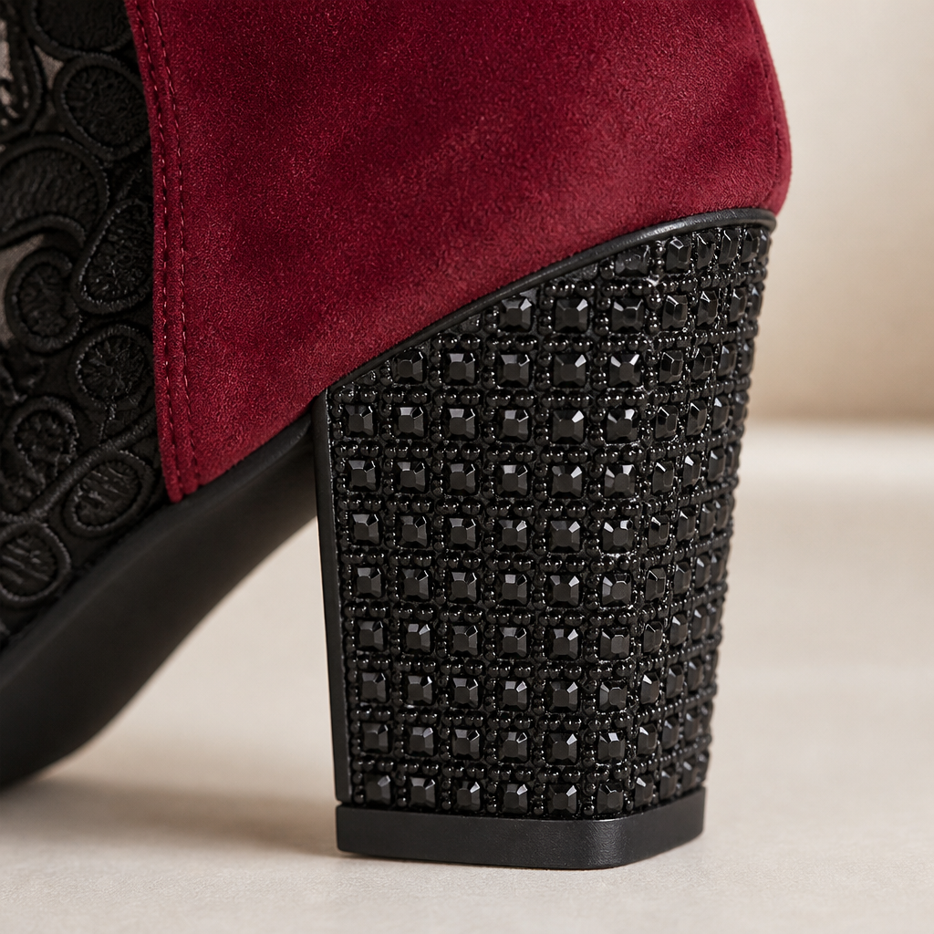 MystiLuxe™ – Floral Lace Block Heel Ankle Boots with Rhinestone Detail