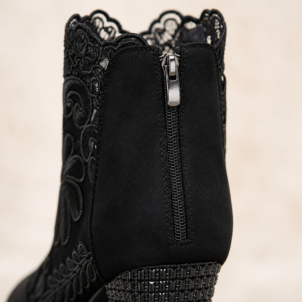 MystiLuxe™ – Floral Lace Block Heel Ankle Boots with Rhinestone Detail