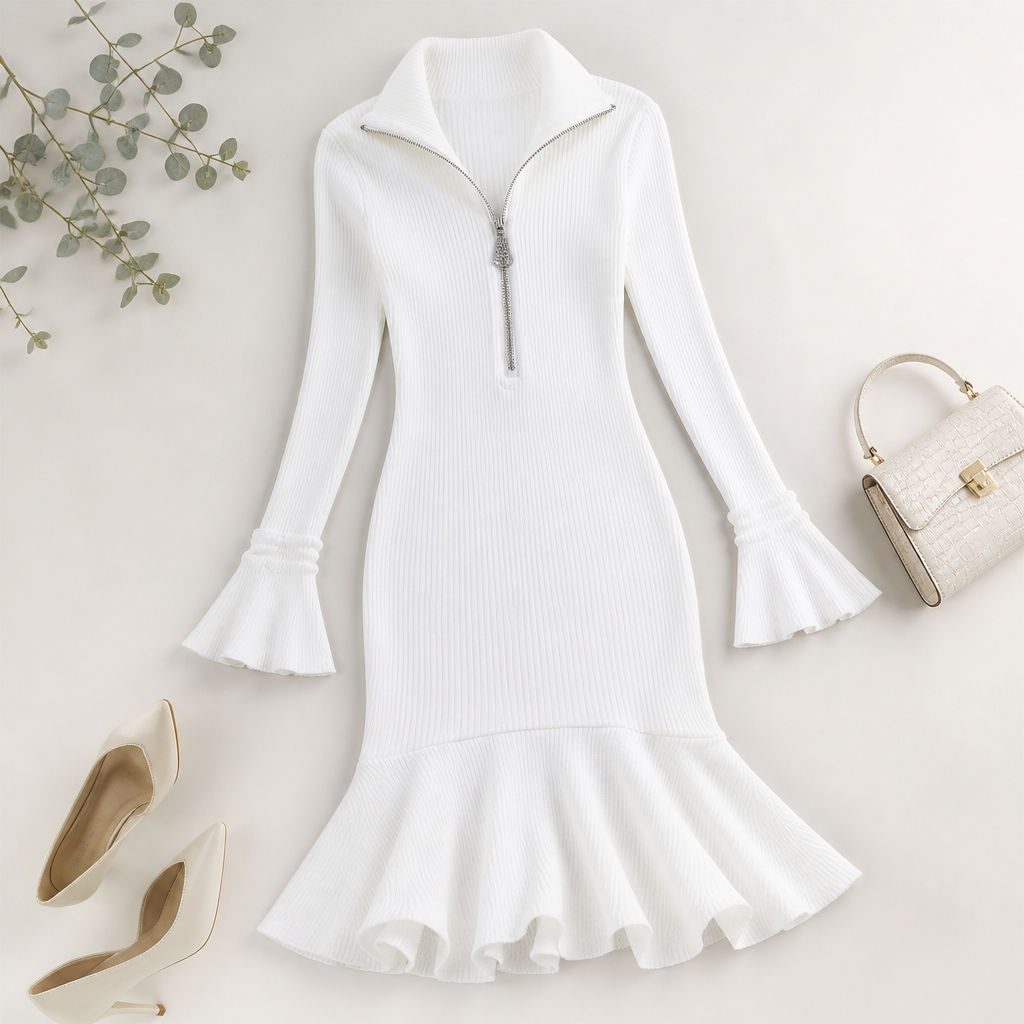 VelaFlex™ – Ribbed Knit Mermaid Midi Dress with Quarter-Zip Collar
