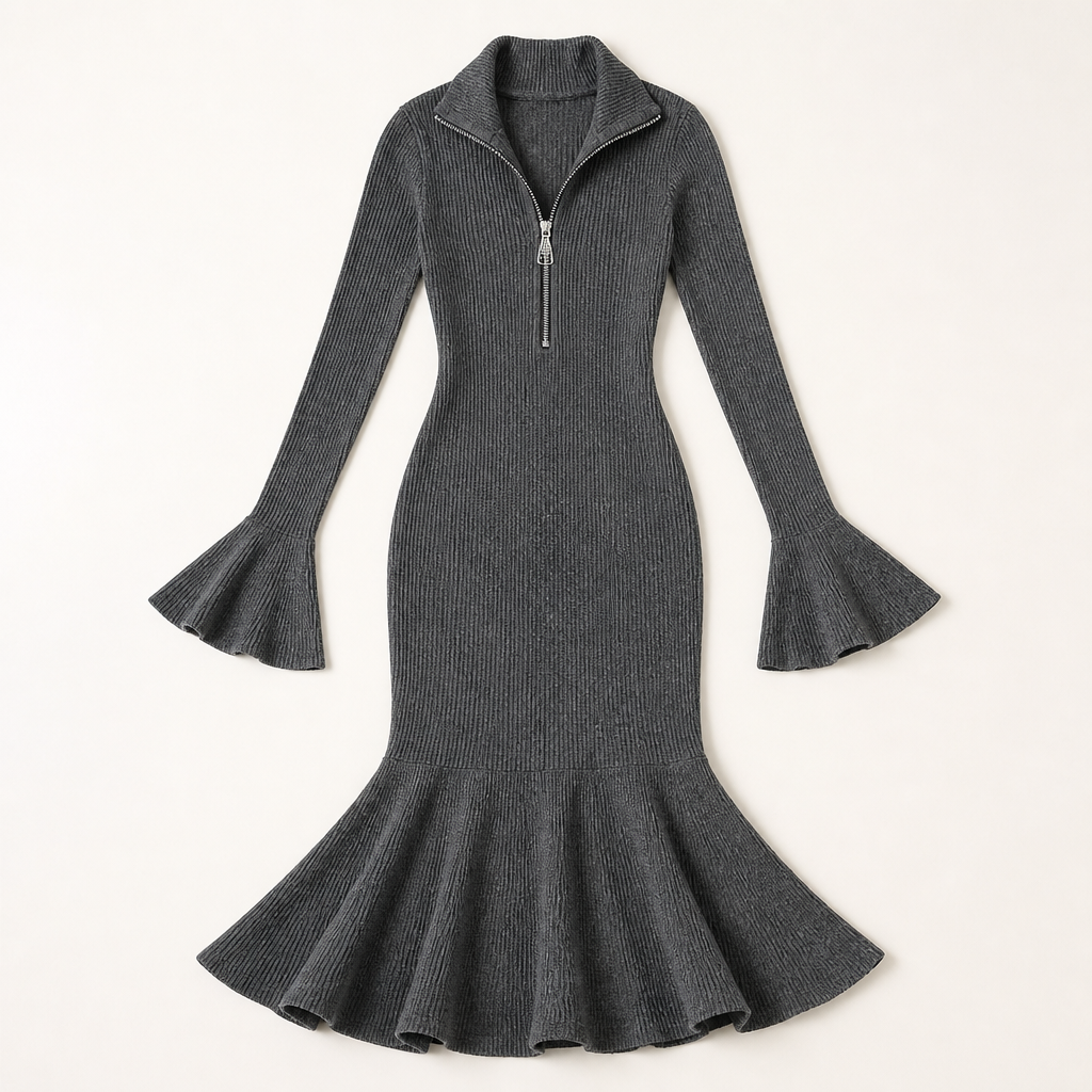 VelaFlex™ – Ribbed Knit Mermaid Midi Dress with Quarter-Zip Collar