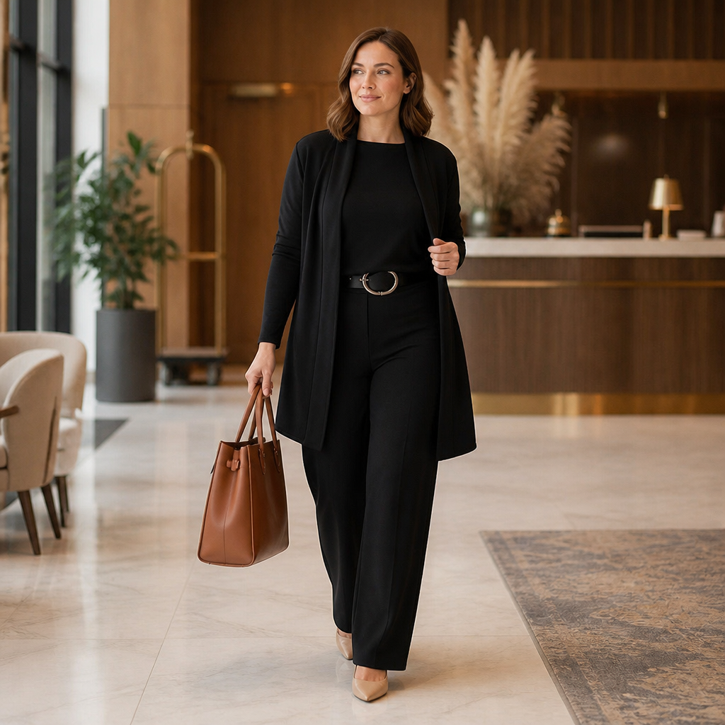 SculptEase™ – Elegant 3-Piece Knit Set with Long Cardigan & Wide-Leg Pants